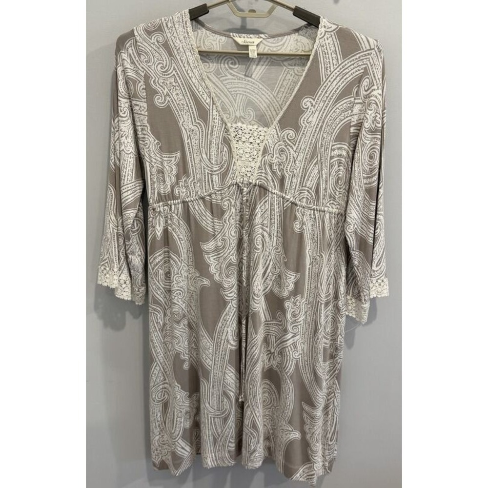 Soma 3/4 Sleeve Lace Trim Tan Print Drawstring Waist Pajamas Gown Size M